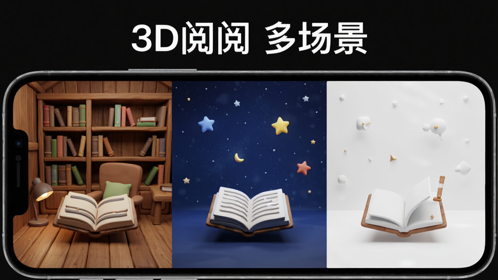 画面展示一个手机屏幕界面,屏幕内呈现三种不同风格的3D阅读场景并排显示,从左到右依次为木质书房背景、深蓝星空背景、纯白极简背景;屏幕上方用白色字体标注“3D阅阅 多场景”;风格为UI展示图,细节上注重界面元素的清晰度与图标质感,画质干净,排版整齐。