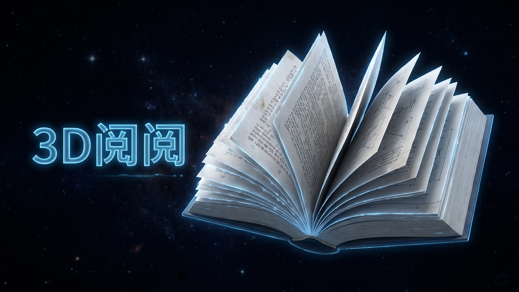 一本打开的书籍以三维立体形态悬浮在深空背景中,书页层层叠叠向纵深延伸,每层书页上隐约可见文字与图表;画面左侧用发光蓝色线条勾勒出软件名称“3D阅阅”;风格为科幻数字艺术,细节上突出书页的纸张纹理与边缘光晕,画质精细,画面干净无杂乱元素。