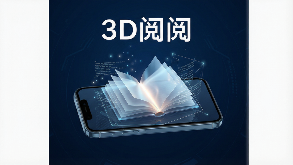 画面主体为一部智能手机悬浮在深蓝色科技感背景中央,手机屏幕内显示一本打开的三维立体书籍,书页呈现半透明发光效果,周围环绕着细小的文字粒子与几何线条;布局采用中心对称构图,上方留白处用白色无衬线字体写着“3D阅阅”;整体风格为现代极简科技风,细节上注重光影层次与玻璃质感,画质清晰锐利,画面干净无多余元素。