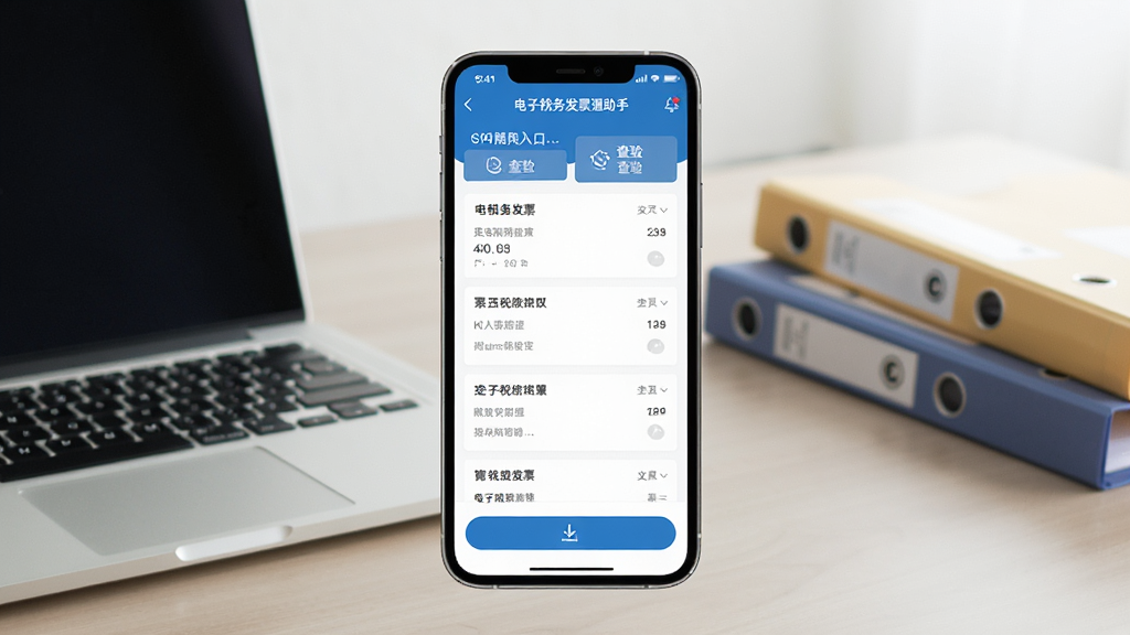 一张展示电子税务发票通助手软件界面的手机截图,画面中央是一部现代智能手机,屏幕上显示着电子税务发票通助手APP的主页,界面包含发票列表、查验入口和下载按钮等功能模块,背景为干净的浅色办公桌面,桌面放置一台笔记本电脑和几份文件夹,整体风格简洁商务,光线明亮柔和,画质清晰,无多余元素