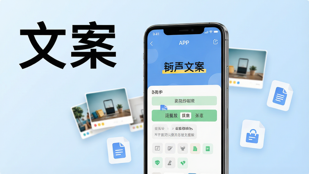 一张展示智能手机界面的产品主图,画面中央是一部竖屏手机,屏幕内显示文案APP的提取界面,画面左上角有