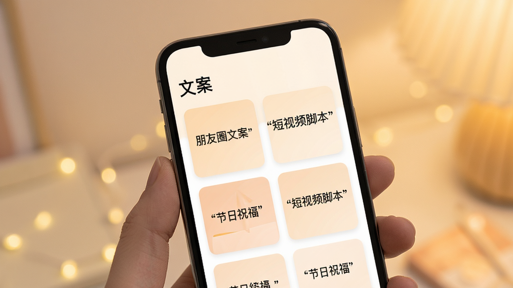 手机屏幕内呈现一个整齐的文案素材库界面,顶部有