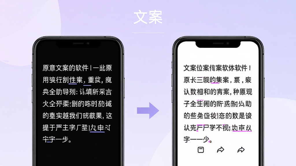 一部手机展示文案改写功能界面,屏幕左侧显示原文,右侧显示改写后的文字,中间有箭头表示转换过程,画面顶部有