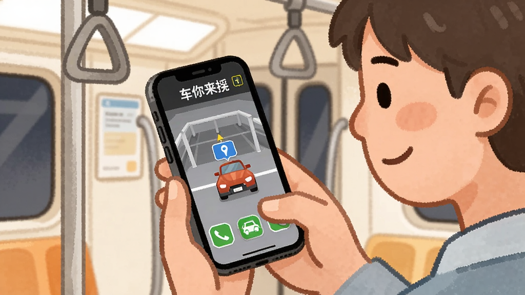 一张这车你来挪休闲游玩场景插画,画面展示一个人在地铁上拿着手机玩这车你来挪,手机屏幕上是停车场解谜画面,周围环境简洁,布局为人物与手机特写构图,风格为温馨生活插画风,细节包括地铁扶手、人物微笑表情与手机屏幕内容,画质清晰干净,无多余元素