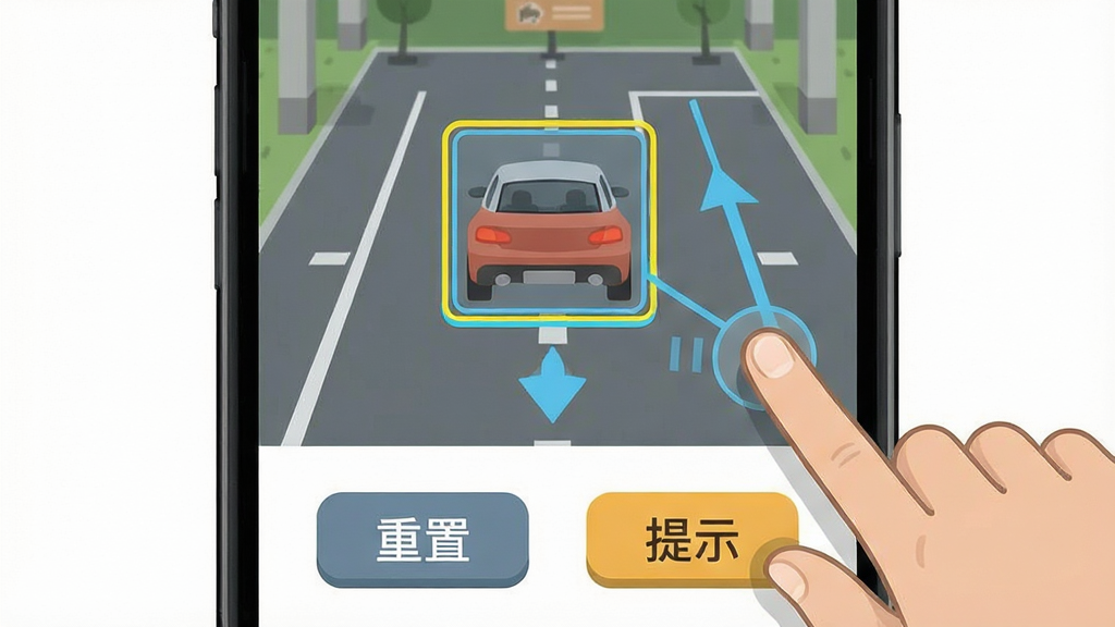 一张这车你来挪新手操作提示插画,画面展示手机屏幕上显示停车场关卡,旁边有手指点击提示和方向箭头,画面下方有“重置”和“提示”按钮图标,布局为手机界面特写,风格为简洁教程示意图,细节包括按钮高亮、车辆选中框与移动方向线,画质清晰干净,无多余元素