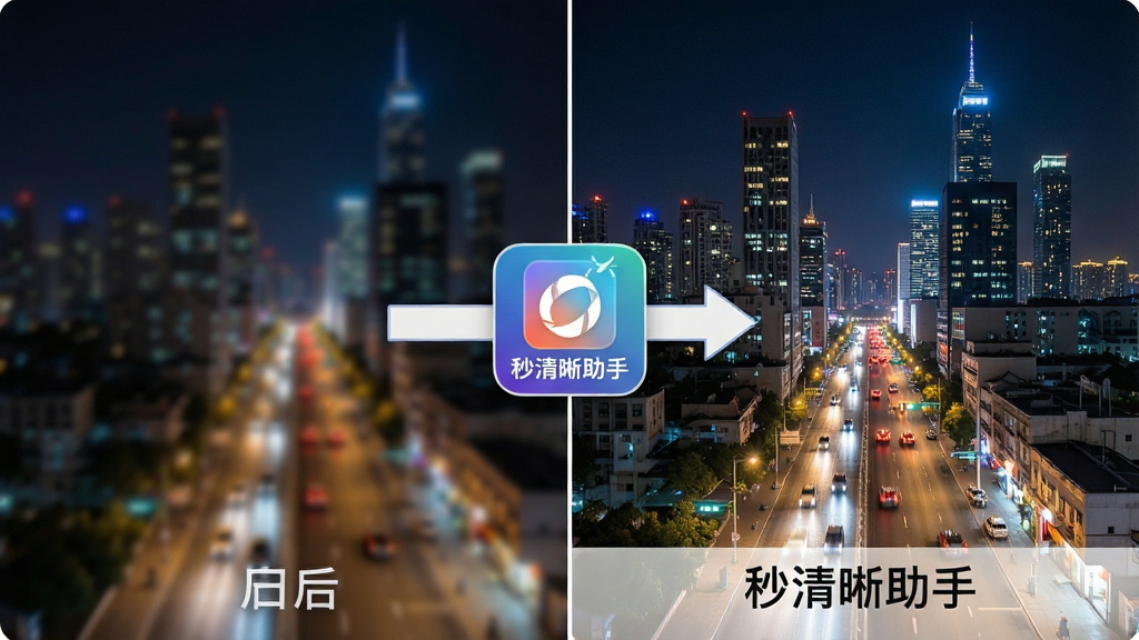 一张展示照片清晰化处理前后对比的示意图,左侧是模糊的城市夜景照片,右侧是经过「秒清晰助手」处理后变得清晰锐利的同一张照片,画面中心有指示箭头和「秒清晰助手」的软件标识,风格为直观的功能演示图,排版简洁,画质干净,无多余元素