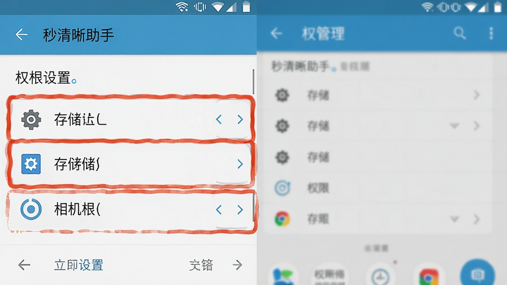 一张展示安卓手机应用管理界面的图片,界面中显示「秒清晰助手」的权限设置页面,存储和相机权限被高亮标注,背景是简洁的手机系统设置界面,风格为操作指引截图,排版清晰,画质干净,无多余元素
