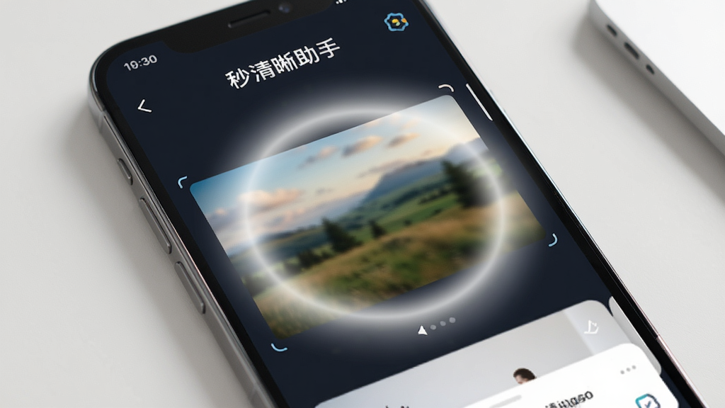 一张展示智能手机屏幕的图片,屏幕上显示着「秒清晰助手」应用界面,界面中央有一张模糊的风景照片正在被处理,周围有柔和的光晕特效,背景是简洁的浅色桌面,风格为科技感十足的移动应用展示图,细节清晰,画质干净,无多余元素