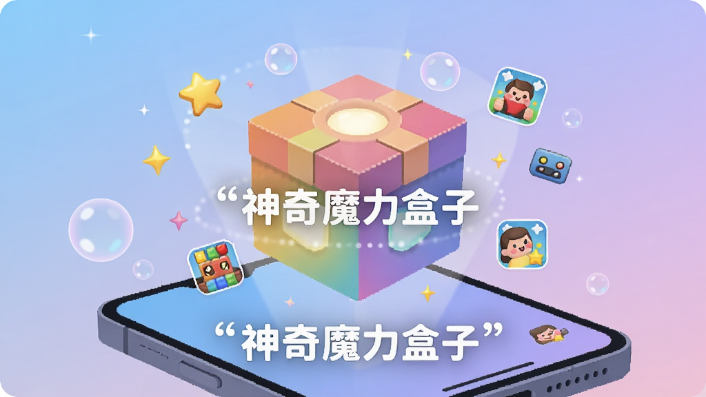 整体画面为一只散发着彩色光芒的方形盒子悬浮在手机屏幕上方,盒子周围环绕着气泡、星星和迷你游戏图标,背景是柔和的蓝紫渐变,采用扁平化插画风格,细节丰富,画质清晰,干净无多余元素,画面中央用引号标注“神奇魔力盒子”