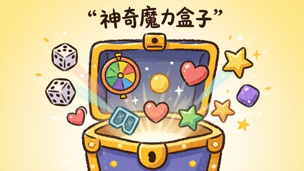 画面中心是一个打开的魔法盒子,盒子里飞出各种彩色小图标,包括骰子、转盘、爱心和星星,背景为浅黄色渐变,采用卡通手绘风格,图标排列错落有致,画质干净明亮,无多余杂物,盒子上方用引号标注“神奇魔力盒子”