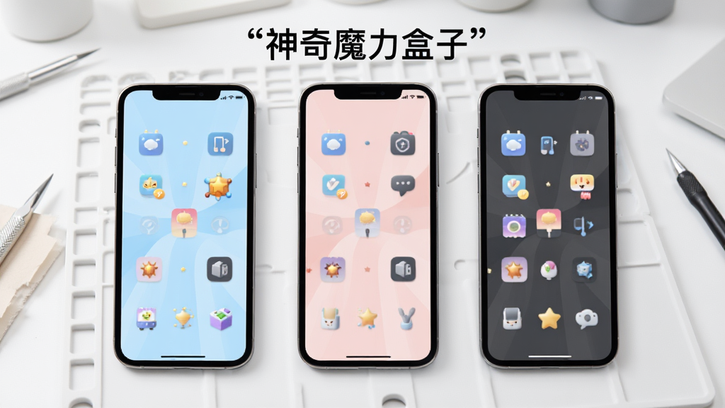 手机屏幕展示三种不同颜色的主题界面并排排列,分别是浅蓝、淡粉和深灰,每种界面都有独特的图标风格,背景为白色工作台面,采用产品展示风格,画质细腻,干净无杂乱,屏幕上方用引号标注“神奇魔力盒子”