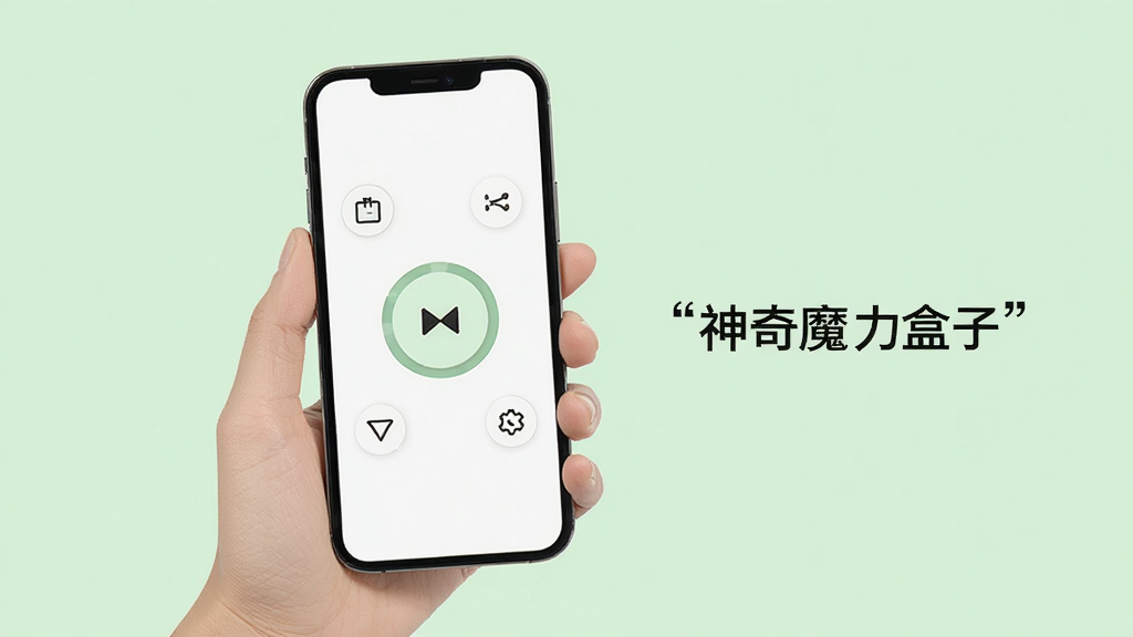 一只手拿着手机,手机屏幕显示一个大大的圆形按钮,按钮周围有简洁的功能图标,背景是淡绿色纯色,采用现代极简风格,画面干净整洁,手机旁用引号标注“神奇魔力盒子”
