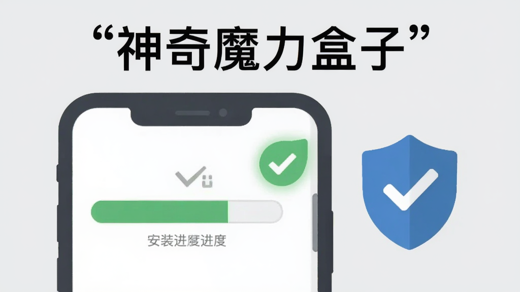 一部手机屏幕显示安装进度条,旁边有绿色对勾和盾牌图标,背景为浅灰色,采用扁平化教程风格,画面简洁清晰,手机上方用引号标注“神奇魔力盒子”