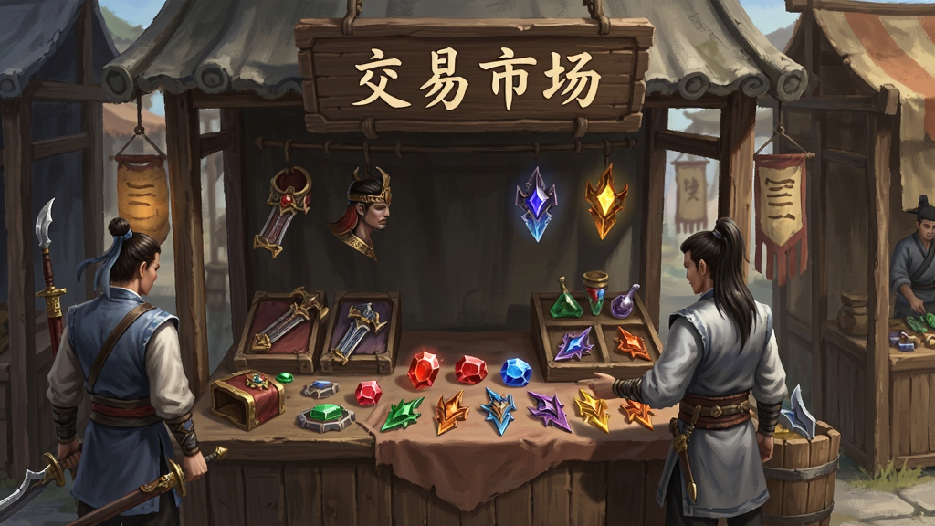 ����������Ϸ�ڵ����ɽ����г����棬��������һ���ŷ缯��̯λ��̯λ�ϰڷ��Ÿ���װ������ʯ��������Ƭ��̯λ�Ϸ������š������г�����ľ�����ң���Χ�м�λ��װ����������ѡ��Ʒ������Ϊ����չ�������Ϊ����дʵ��ϸ�ڷḻ�����ʸ��壬�ɾ��޶���Ԫ��