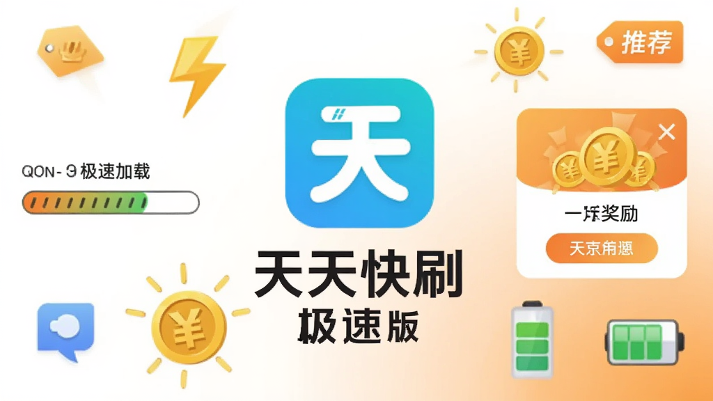 画面中心是天天快刷极速版的图标与名称文字,周围分布着闪电、金币、推荐标签、电池等元素,左侧展示极速加载的进度条,右侧展示金币奖励弹窗,背景为白色与浅橙色渐变,风格扁平化,布局对称,细节丰富,画质干净,无多余元素,适合作为软件特色展示图