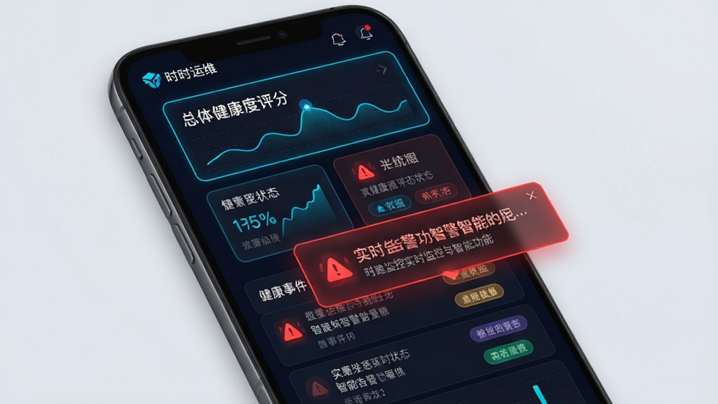 一张展示“时时运维”实时监控与智能告警功能的界面图,主体为手机屏幕,屏幕上显示多个服务器状态卡片和红色告警弹窗;布局采用上下结构,上方为总体健康度评分,下方为告警事件列表;排版清晰,数据图表与文字说明并排;风格为深色科技风,霓虹蓝与警示红点缀;细节包括跳动的折线图、闪烁的告警图标和状态标签;画质高清,界面干净整洁,无多余装饰元素。