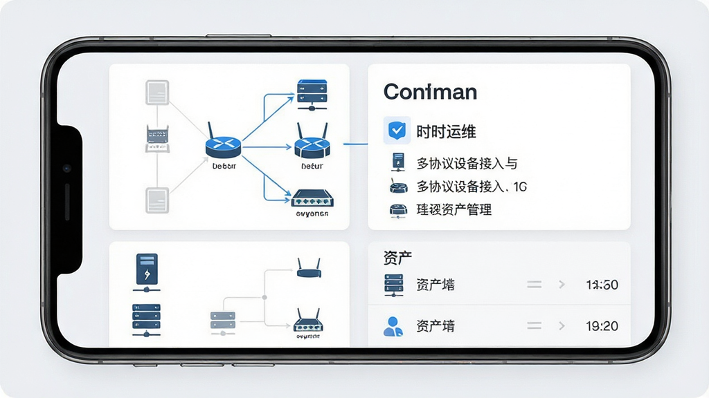 一张展示“时时运维”多协议设备接入与资产管理功能的界面图,主体为手机屏幕,屏幕上显示设备拓扑图和资产列表;布局采用卡片式排列,左侧为设备图标,右侧为详细信息;排版上拓扑图与列表上下呼应;风格为简约商务风,浅灰底色搭配蓝色高亮;细节包括服务器、路由器、交换机图标和连接线;画质高清,画面干净,无多余元素。