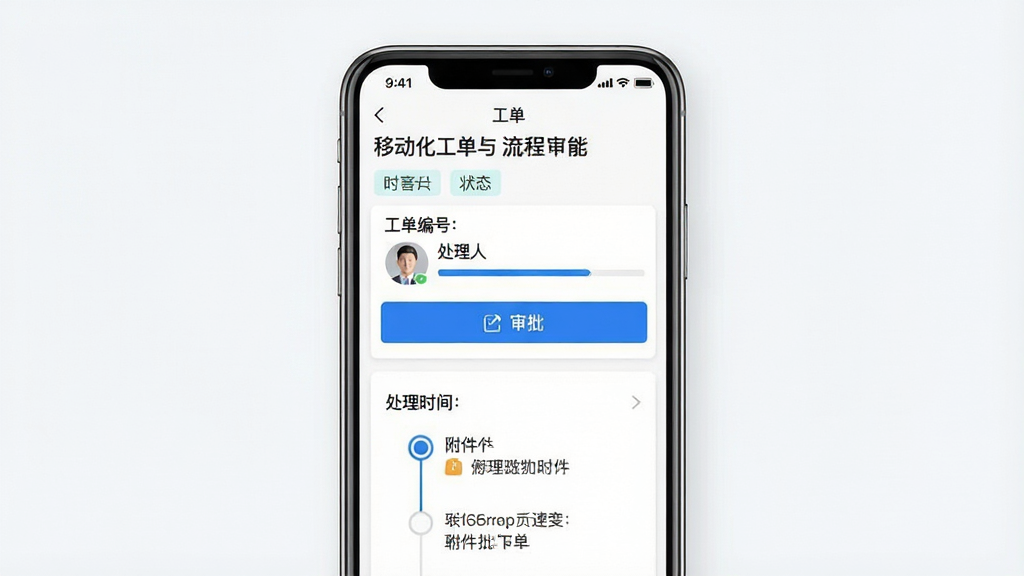 一张展示“时时运维”移动化工单与流程审批功能的界面图,主体为手机屏幕,屏幕上显示工单详情页和审批按钮;布局采用上下滚动式布局,上方为工单标题与状态标签,下方为处理时间轴;排版清晰,时间轴节点与文字说明对齐;风格为现代扁平化,白色背景搭配蓝色主按钮;细节包括工单编号、处理人头像、进度条和附件图标;画质高清,界面干净,无多余元素。