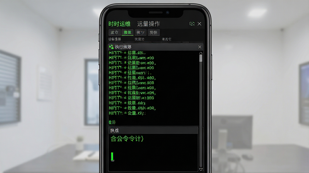 一张展示“时时运维”远程操作与批量执行功能的界面图,主体为手机屏幕,屏幕上显示黑色终端窗口和绿色命令行输出;布局采用全屏终端样式,上方为设备选择栏,下方为命令输入区;排版简洁,命令与输出结果逐行排列;风格为极客终端风,黑色背景搭配荧光绿文字;细节包括光标闪烁、执行状态图标和滚动条;画质高清,画面干净,无多余装饰。