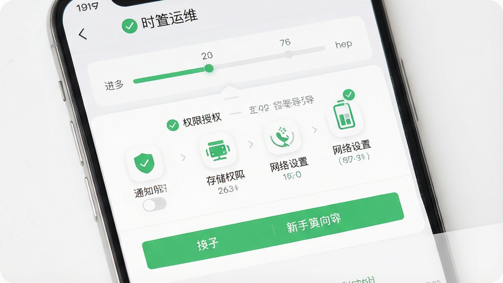 一张展示“时时运维”新手设置引导的界面图,主体为手机屏幕,屏幕上显示权限授权弹窗和设置向导;布局采用分步引导式,上方为进度指示,下方为操作按钮;排版清晰,权限图标与说明文字一一对应;风格为清新浅色,白色背景搭配绿色对勾图标;细节包括通知开关、存储权限、网络设置等选项;画质高清,界面干净,无多余元素。