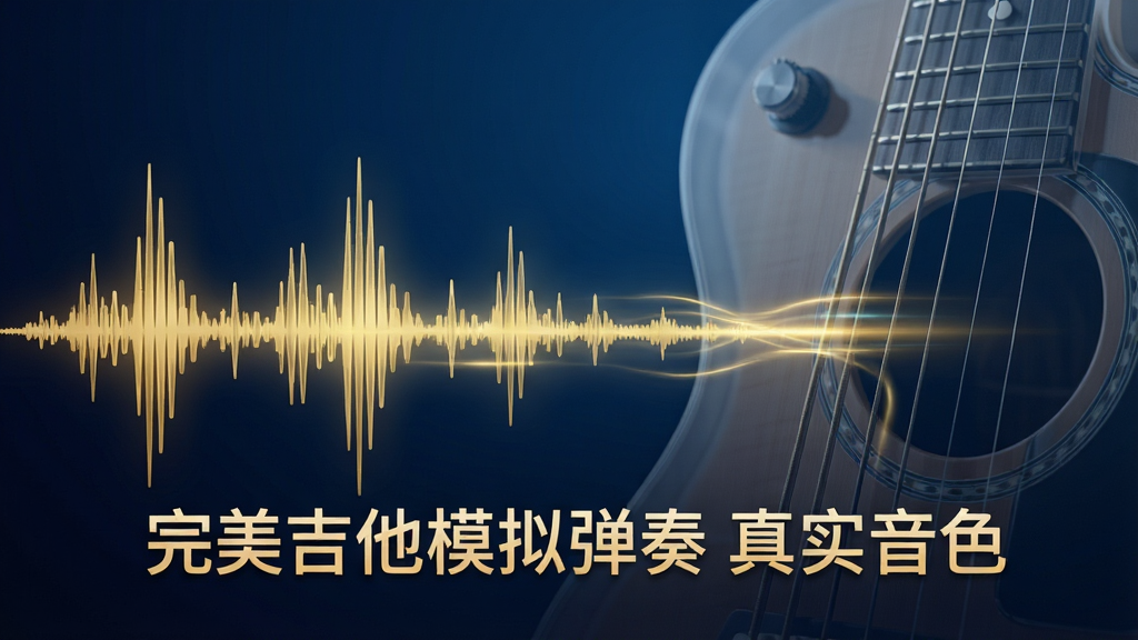 一张展示音频波形与吉他琴弦结合的概念图,画面左侧是跳动的金色音频波形,右侧是半透明的吉他琴颈特写,波形与琴弦之间用光效连接,背景为深蓝色渐变,风格科技感与音乐感融合,主体突出,布局简洁,画质高清,干净无杂色,图中文字为
