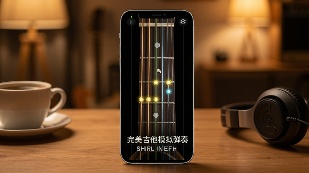 一张展示手机屏幕内吉他模拟弹奏界面的场景图,画面中央是一部竖放的智能手机,屏幕显示完整的吉他琴颈与六根琴弦,琴弦上有高亮的光点提示按弦位置,手机放置在木质桌面上,旁边有一杯咖啡和一副耳机,背景是温馨的暖色灯光,整体风格写实且带有音乐氛围,画质清晰,干净整洁,无多余元素,图中包含文字