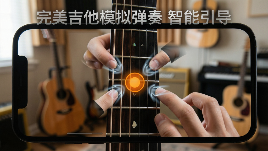 一张展示手机屏幕内吉他指法引导功能的特写图,屏幕中央吉他琴颈上有一个醒目的橙色圆点光标,周围有手指点击的动画残影效果,背景是虚化的琴房环境,光线柔和,风格写实教学感,布局聚焦屏幕,画质清晰,图中文字为