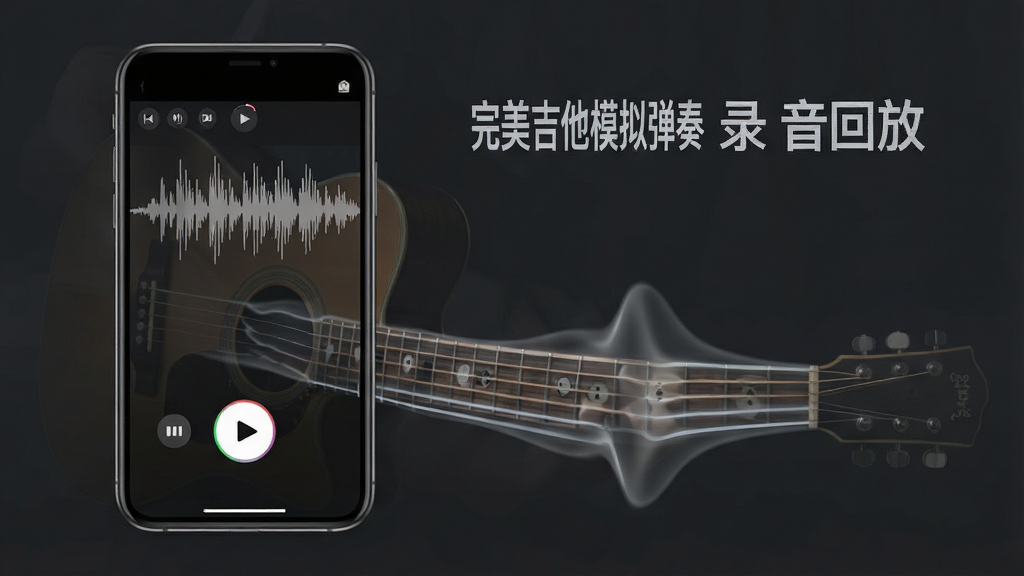 一张展示手机录音界面与吉他弹奏轨迹结合的示意图,画面中手机屏幕显示音频波形和回放按钮,屏幕下方延伸出半透明的琴弦震动效果,背景为深灰色,风格现代简约,布局上下结构,画质锐利,图中文字为