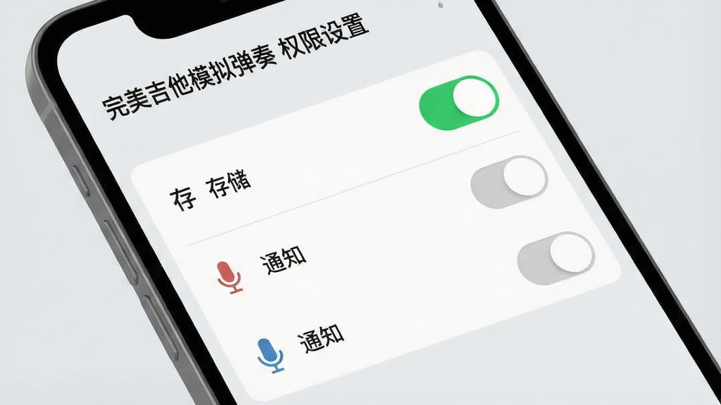 一张展示手机应用权限设置界面的示意图,画面为手机屏幕特写,显示存储、麦克风、通知三个权限开关,其中存储权限为开启状态,背景为浅灰色,风格简洁明快,布局清晰,画质干净,图中文字为