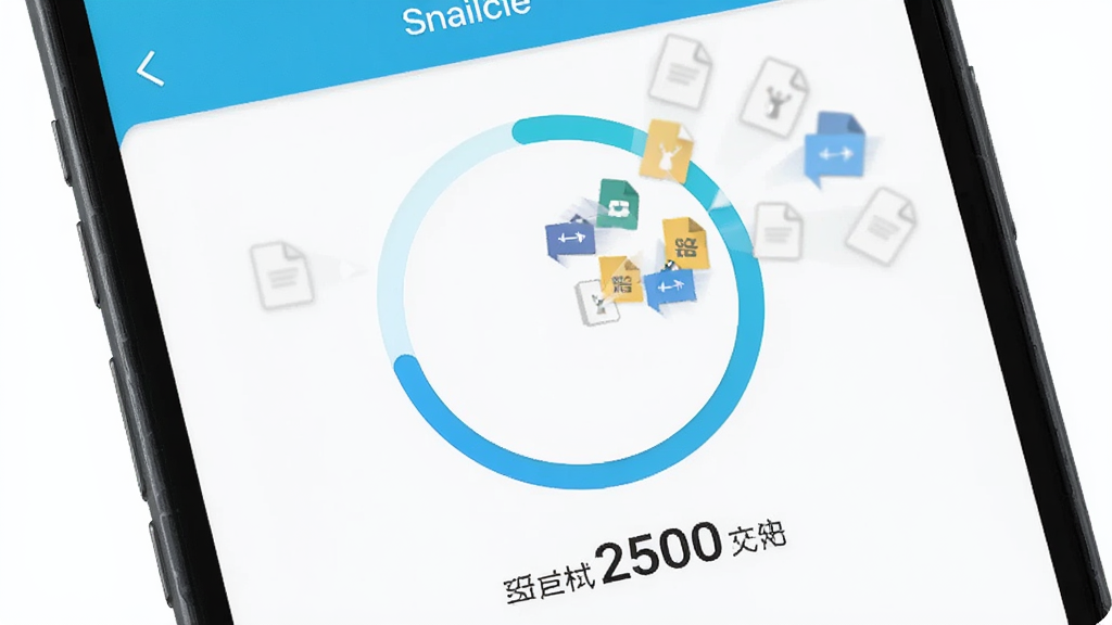 一部手机屏幕特写,Snailcle软件正在执行清理操作,界面中央有一个圆形的进度条,进度条下方显示已释放空间的具体数值,周围有细小的文件图标被吸入圆圈的动画效果,整体风格简洁明快,画质干净,无多余元素,画面中包含Snailcle字样。