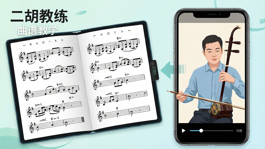 一张展示二胡教练曲谱与视频教学功能的数字插画,画面左侧是一本展开的电子曲谱,右侧是一个正在播放教学视频的手机屏幕,屏幕中一位教师正在演奏二胡示范。布局为左右分栏,曲谱与视频形成互动关系。排版清晰,风格为清新教育风,细节包括曲谱上的音符、弓法标记、视频播放进度条。画质高清,干净整洁,无多余元素。画面中带有文字“二胡教练”和“曲谱教学”。