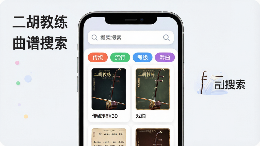 一张展示二胡教练曲谱搜索与分类功能的数字插画,画面中是一个手机搜索界面,搜索框内带有放大镜图标,下方排列着分类标签如“传统”“流行”“考级”“戏曲”,以及曲谱列表卡片。布局为上下结构,搜索框位于顶部,分类标签与曲谱列表依次排列。排版整齐,风格为现代应用风,细节包括标签的彩色底纹、曲谱卡片的封面缩略图。画质高清,干净整洁,无多余元素。画面中带有文字“二胡教练”和“曲谱搜索”。