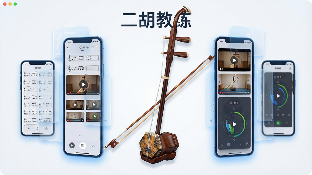一张展示二胡教练软件界面的数字插画,画面中央是一把精致的二胡乐器,周围环绕着手机屏幕,屏幕上显示着曲谱、教学视频缩略图和调音器界面。布局采用中心对称构图,二胡位于视觉焦点,手机界面元素以半透明卡片形式悬浮在四周。排版清晰有序,风格为现代科技与传统文化融合,细节包括二胡的琴弦、琴弓纹理清晰可见,手机界面带有柔和的蓝色光效。画质高清,干净整洁,无多余元素。画面中带有文字“二胡教练”作为标题。