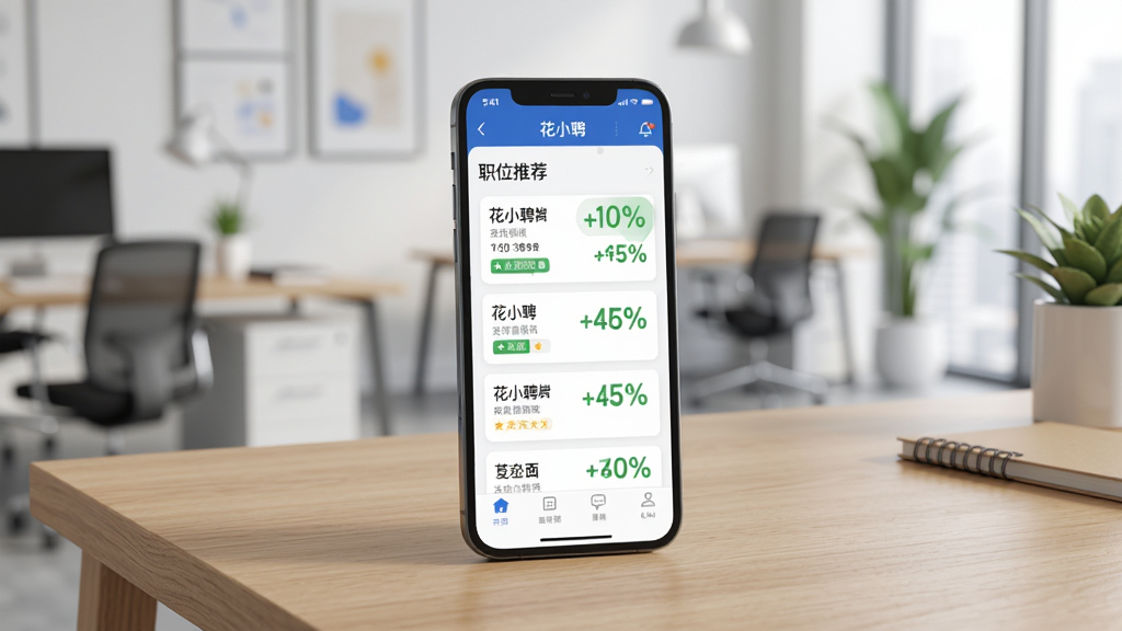 花小聘智能岗位匹配功能展示图,画面中一部手机放置在木质桌面上,屏幕显示花小聘APP的职位推荐页面,页面上有多个岗位卡片整齐排列,每个卡片旁有匹配度百分比标签,背景是现代化的办公环境,风格简约清新,细节丰富,画质高清,干净无多余元素
