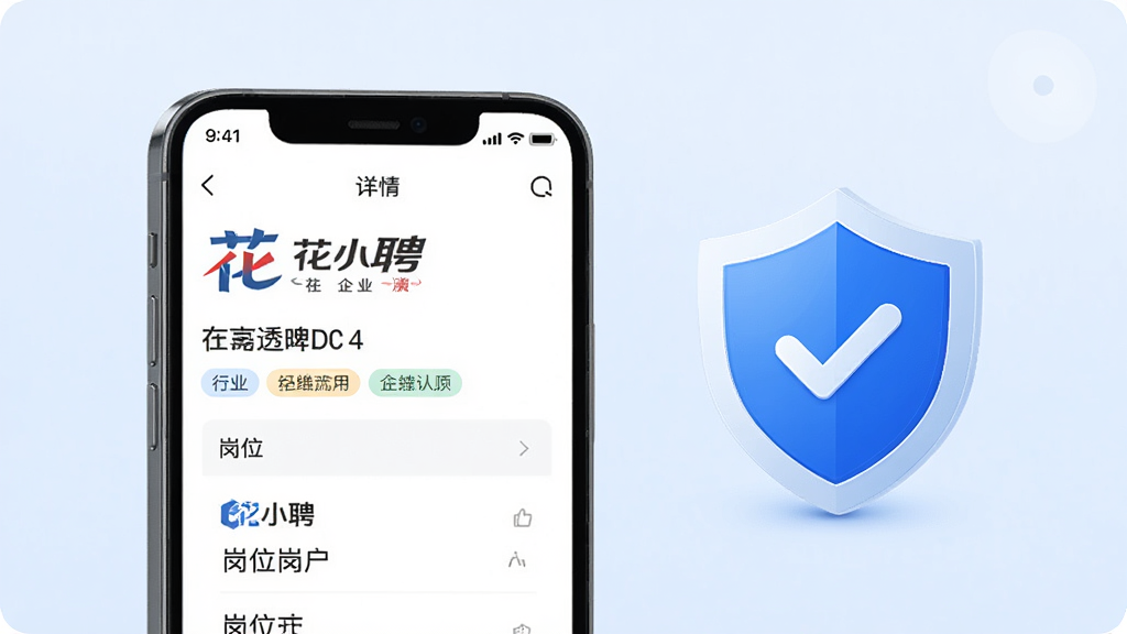 花小聘企业信息透明功能展示图,画面中一部手机显示花小聘APP的企业详情页面,页面上有企业Logo、企业名称、行业标签和岗位列表,手机旁边有一个盾牌图标代表安全认证,背景是淡蓝色,风格可信赖,排版清晰,画质高清,无多余元素