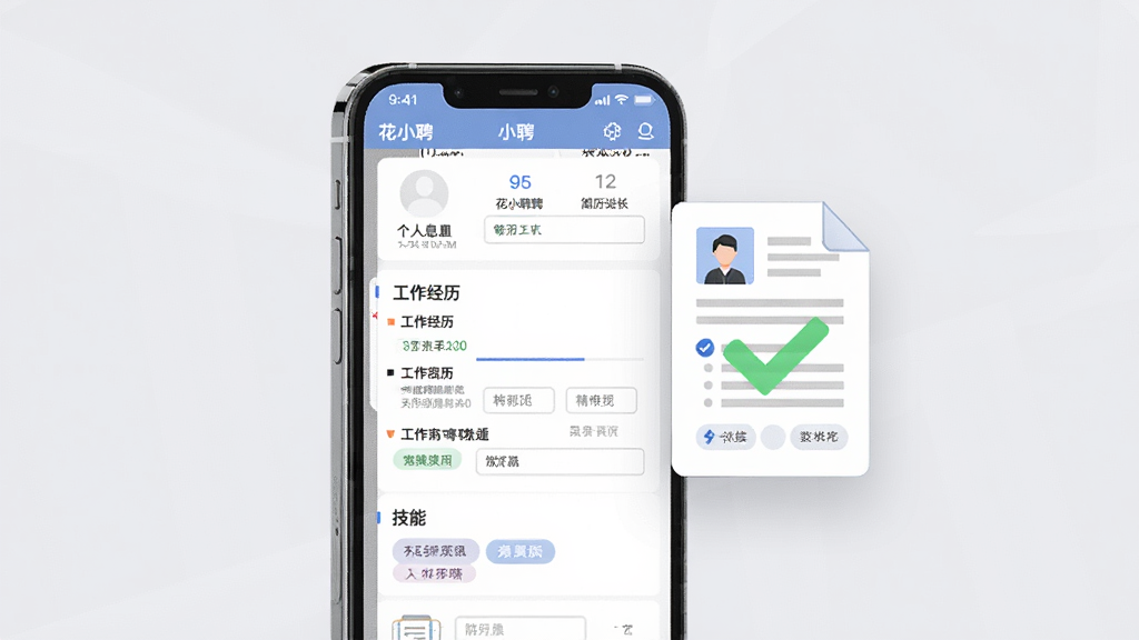花小聘简历快速创建功能展示图,画面中央是一部手机,屏幕上显示花小聘APP的简历编辑页面,有个人信息、工作经历、技能标签等填写栏目,手机旁边漂浮着一份带有对勾的简历文档图标,背景是浅灰色,风格商务简洁,排版整齐,画质高清,干净无多余元素