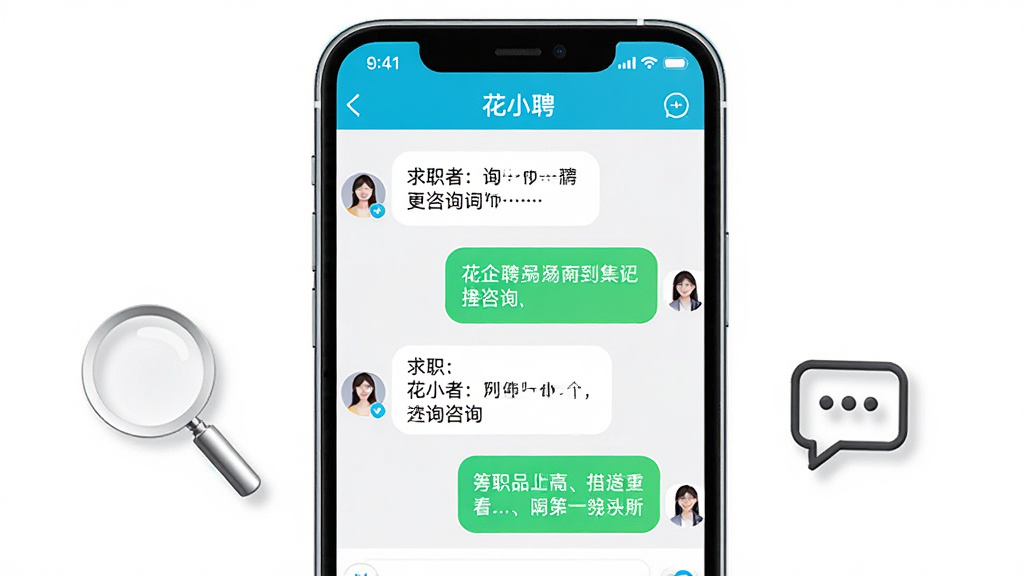 花小聘在线即时沟通功能示意图,画面展示一部智能手机屏幕,屏幕内是花小聘APP的聊天界面,左侧是求职者发出的消息气泡,右侧是企业招聘方的回复气泡,聊天内容涉及岗位咨询,手机旁边有一个放大镜图标和对话图标,背景干净白色,风格清爽,画质高清,无多余元素