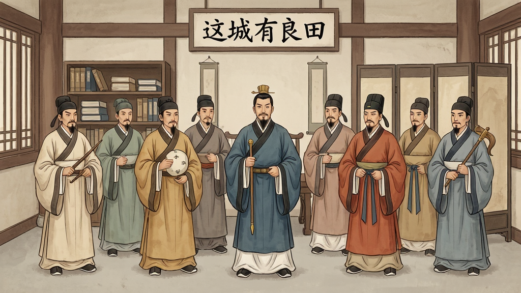 一幅古代门客招募场景图,画面中“这城有良田”的城主府内,多位身着古装的门客整齐站立,每人手持不同道具,背景有书架与屏风,画面风格为国风工笔,色调典雅,细节精致,画质清晰,干净整洁,无多余元素