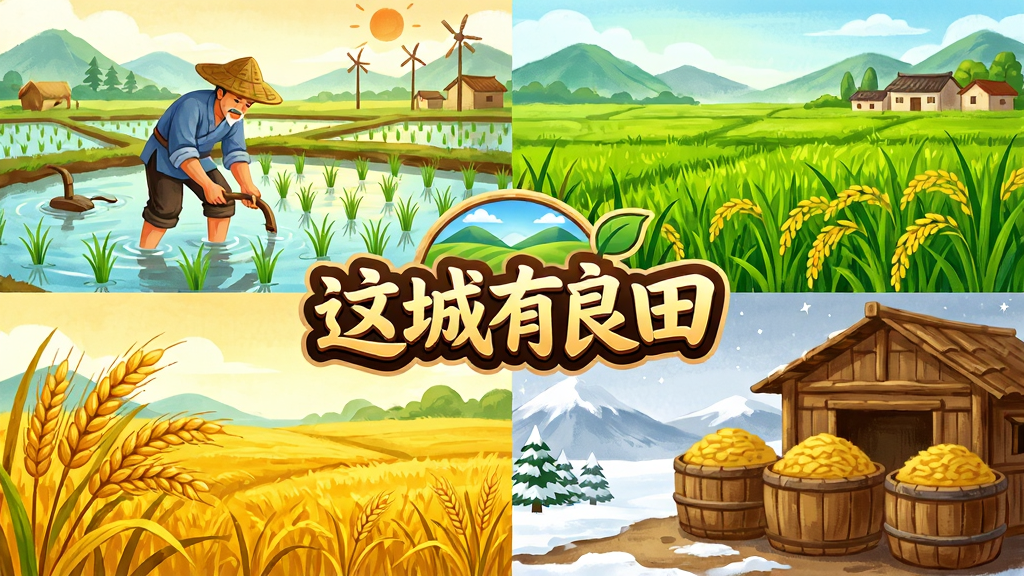一幅四季农耕主题插画,画面分为春夏秋冬四个区域,春季有农夫插秧,夏季有稻田碧绿,秋季有金黄麦浪,冬季有粮仓堆满,画面中央有“这城有良田”的游戏标识,风格为温馨国风手绘,色彩鲜明,布局均衡,画质清晰,干净整洁,无多余元素