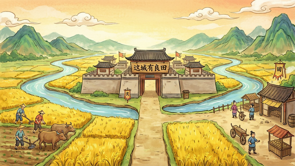 一幅国风手绘风格的游戏主界面全景图,画面中央是一座繁荣的古代城池,四周环绕着金黄色的良田与蜿蜒的河流,城门上方悬挂写有“这城有良田”的木质牌匾,画面左侧有农田与农夫耕作,右侧有工坊与商队往来,远景是层峦叠嶂的青山与飘动的云彩,整体色调温暖明亮,布局疏密有致,细节丰富,画质清晰,干净整洁,无多余元素