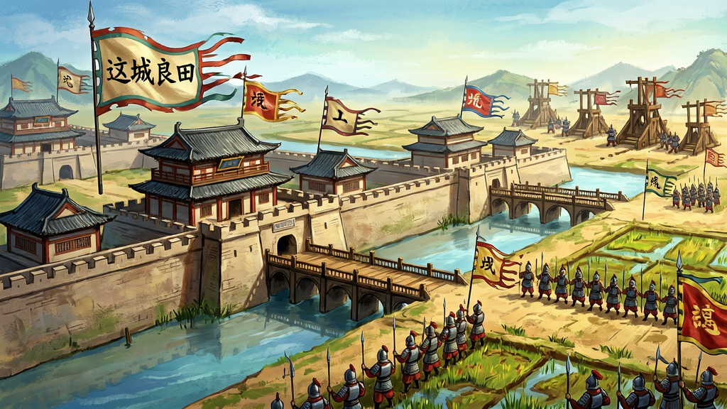 一幅古代联盟城池攻防场景图,画面中“这城有良田”的多座城池由桥梁相连,联盟旗帜飘扬,士兵列队,远处有攻城器械,画面风格为国风战争插画,气势恢宏,色彩饱满,画质清晰,干净整洁,无多余元素