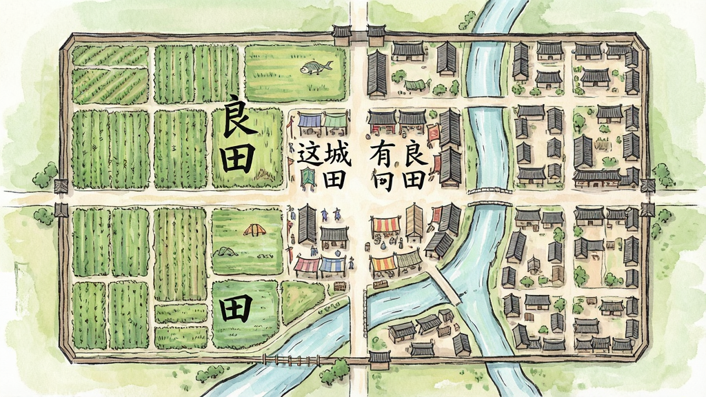 一幅古代城池规划俯视图,画面中“这城有良田”的城池被划分为整齐的农田区、热闹的集市与错落有致的居民区,道路纵横交错,河流穿城而过,画面风格为清新国风手绘,色彩柔和,细节丰富,画质清晰,干净整洁,无多余元素