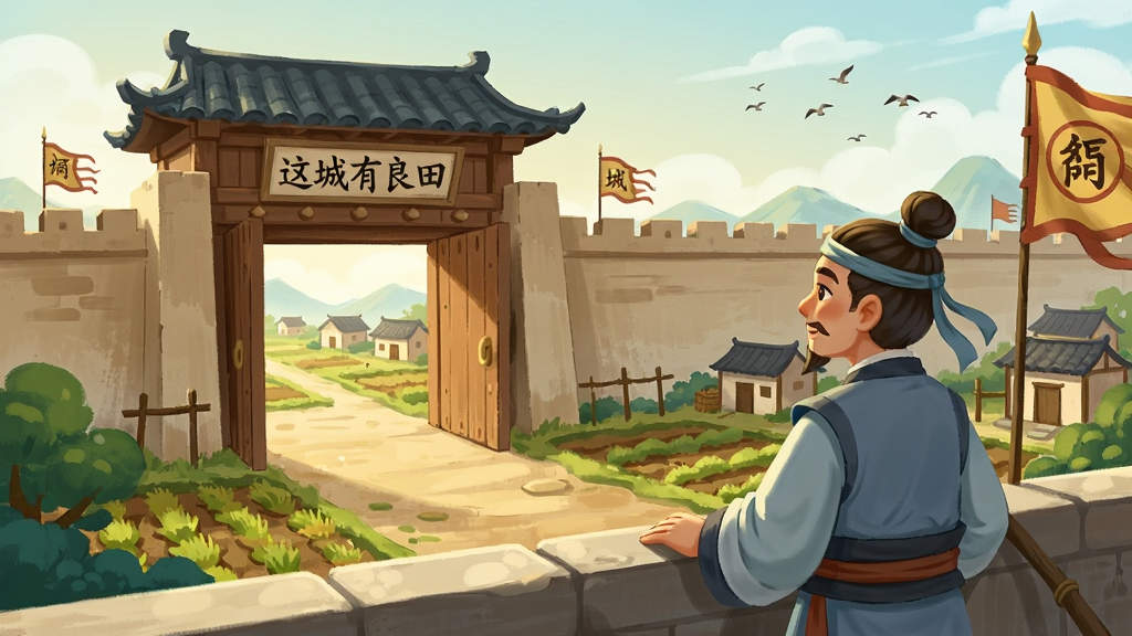 一幅新手城主站在城门口眺望城池的插画,画面中“这城有良田”的城门大开,前方是待开垦的农田与零星的民居,天空有飞鸟,画面风格为国风治愈系,色调温暖,细节丰富,画质清晰,干净整洁,无多余元素