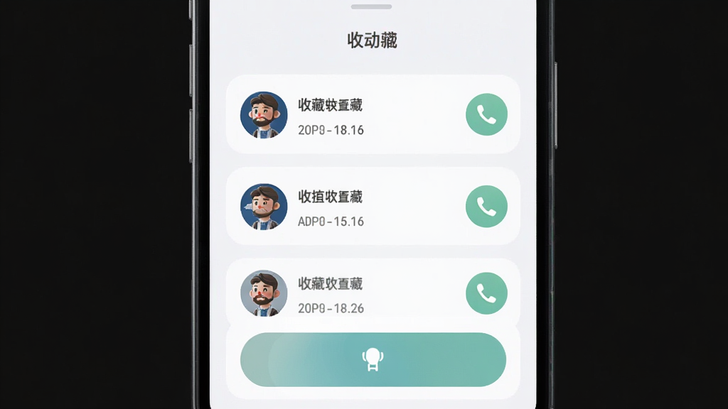 找源头商家版APP收藏与联系功能界面,主体为手机屏幕显示收藏夹列表与联系按钮,布局采用列表式排列,排版简约,风格柔和圆角,细节有厂家头像、收藏时间、一键拨号图标,画质高清,干净,无多余元素