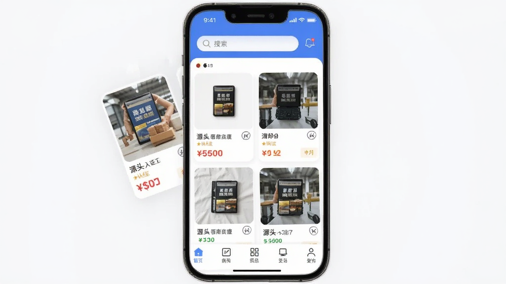 找源头商家版APP首页界面展示,主体为手机屏幕内呈现各类源头工厂商品列表,布局清晰,上方有搜索栏,中间是商品卡片瀑布流,底部有导航菜单,排版整洁,风格现代简约,细节包括商品缩略图、价格标签、工厂认证标识,画质高清,干净,无多余元素