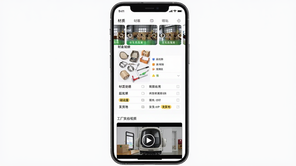 找源头商家版APP商品详情页面,主体为手机屏幕显示商品大图与参数表格,布局上方是轮播图,中间是规格参数,下方是工厂实拍视频入口,排版清晰,风格简洁明亮,细节有材质说明、起批量标签、发货地标注,画质高清,干净,无多余元素
