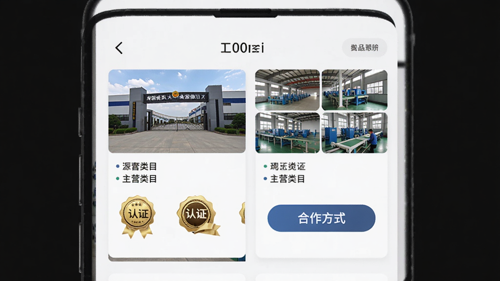找源头商家版APP厂家直供功能界面,主体为手机屏幕显示工厂档案页面,布局包含工厂实拍图、主营类目、认证徽章,排版采用卡片式设计,风格商务专业,细节有工厂大门照片、生产车间缩略图、合作方式按钮,画质高清,干净,无多余元素