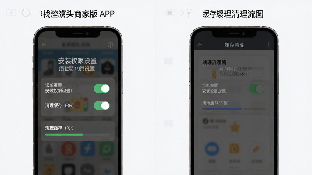 找源头商家版APP新手操作示意图,主体为手机屏幕显示安装权限设置与缓存清理界面,布局左右分栏展示两个操作步骤,排版直观,风格扁平化,细节有权限开关按钮、清理缓存进度条,画质高清,干净,无多余元素