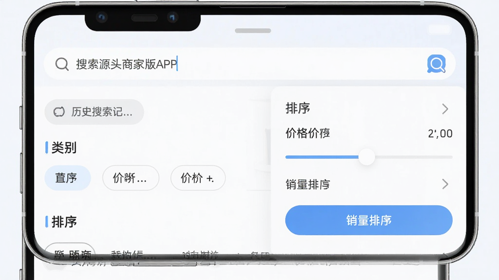找源头商家版APP搜索筛选功能展示,主体为手机屏幕呈现搜索框输入状态与筛选条件面板,布局上方是搜索栏,下方是类目筛选和排序选项,排版整齐有序,风格清爽浅色,细节有历史搜索记录、价格区间滑块、销量排序按钮,画质高清,干净,无多余元素