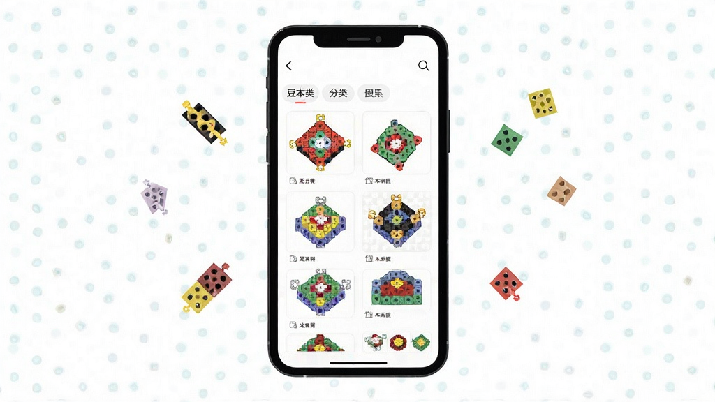 一张手机屏幕展示拼豆图纸资源库的界面截图风格插画,画面中手机竖屏显示豆本拼豆应用的图纸列表页,包含多个彩色拼豆作品缩略图,主体为手机与图纸缩略图,布局采用手机居中、周围漂浮少量拼豆颗粒,排版简洁明快,风格为扁平化UI风格,细节包括分类标签、搜索图标、图纸预览小图,画质清晰干净,无多余元素
